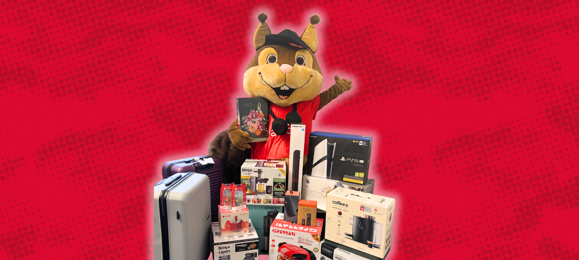 Radio 91.2-Maskottchen Toni präsentiert einige Preise aus dem Radio 91.2-Glückskalender.