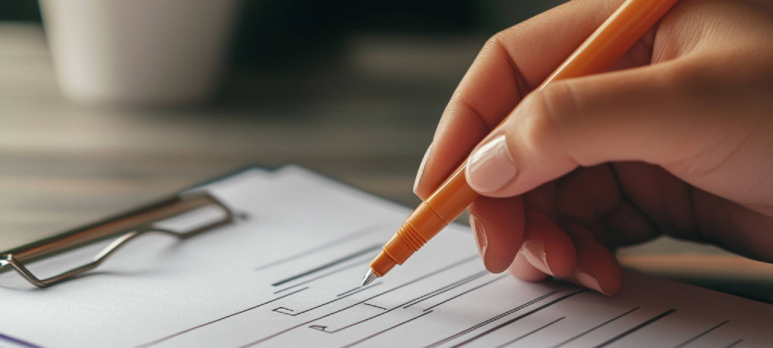 Eine Frau füllt ein Formular mit einem orangenen Kugelschreiber aus